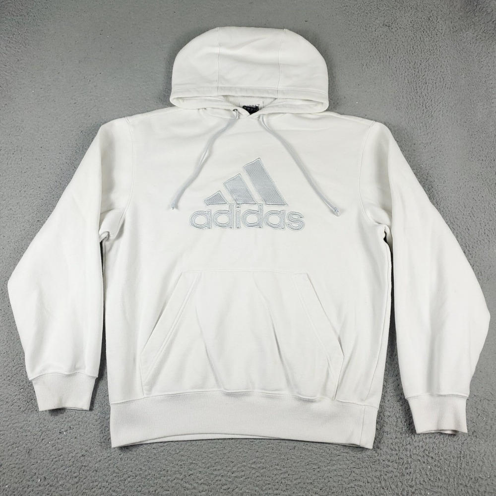 Adidas Mens Medium White Pullover Hoodie Sweatshirt Cotton Blend Logo 043617